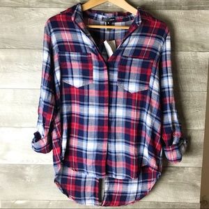 Aqua plaid flannel button down long sleeve top